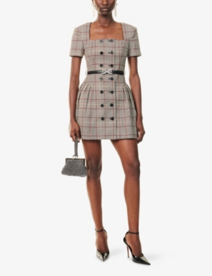 Self-portrait Womens Brown Check-print Square-neck Wool-blend Mini Dress In Brown