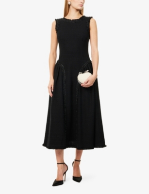 Self-portrait Womens Black Sleeveless Braid-trim Bouclé Midi Dress In Black