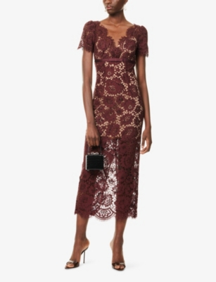 Self-portrait Womens Burgundy Floral Lace Bow-embellished Woven Midi Dress In Brown