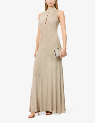 Self-portrait Womens Gold Sleeveless Buttoned Lurex Knit Maxi Dress In Nude