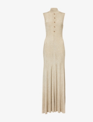 Self-portrait Womens Gold Sleeveless Buttoned Lurex Knit Maxi Dress In Nude