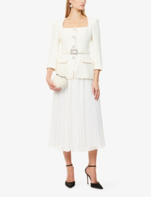 Self-portrait Womens Cream Long-sleeve Boucle Chiffon Midi Dress In White