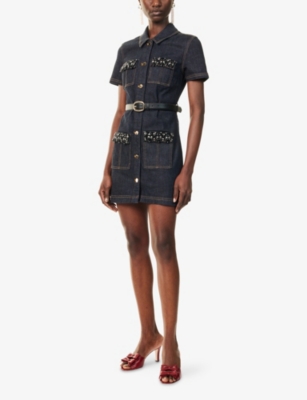 SELF PORTRAIT: Crystal Short-Sleeves Stretch-Denim Blend Mini Dress