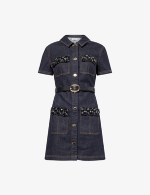 SELF PORTRAIT: Crystal Short-Sleeves Stretch-Denim Blend Mini Dress
