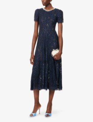 Self-portrait Navy Lace Midi Dress With Pearl And Crystal Embellished Collar In Blue