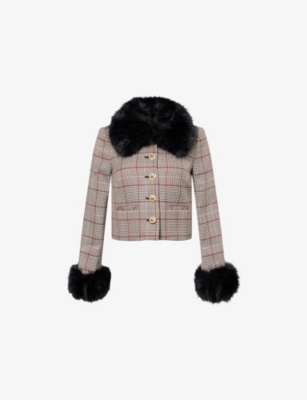 SELF PORTRAIT: Check-Print Faux-Fur Wool-Blend Jacket