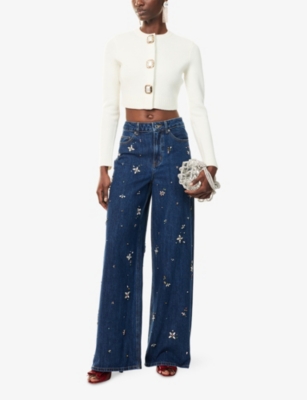 SELF PORTRAIT: Cropped Embellished Stretch-Wool Blend Cardigan