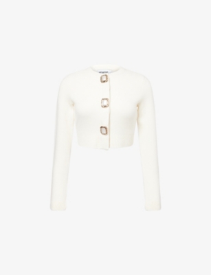 Self-portrait Womens Cream Cropped Embellished Stretch-wool Blend Cardigan In White