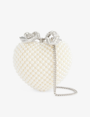 Self-portrait Womens Cream Heart Leather And Faux-pearl Clutch Bag In White