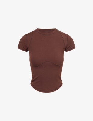 Adanola Womens Chocolate Brown Ultimate Curved-hem Stretch-woven Top In Red