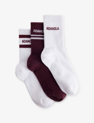 Adanola Womens White/dark Cherry Branded 3-pack Cotton-blend Sport Socks