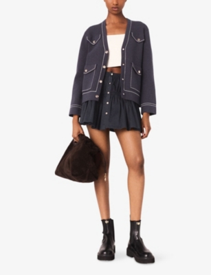 Maje Womens Navy V-neck Contrast-stitched Knitted Cardigan In Blue