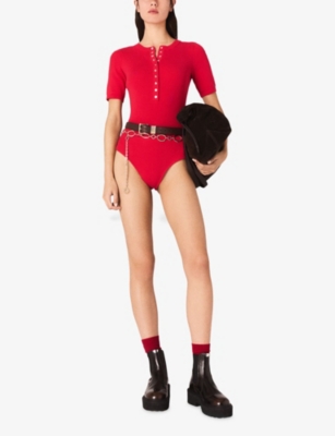 Maje Womens Red Ribbed-knit Slim-fit Stretch Cotton-blend Bodysuit In Red