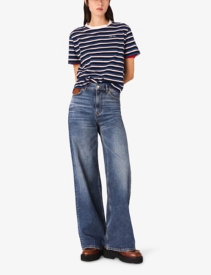 Maje Womens Blue Leather-pocket Wide-leg High-rise Stretch-denim Jeans In Blue