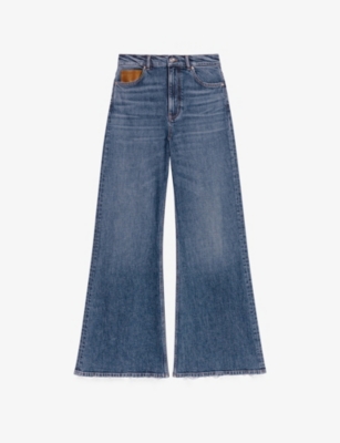 MAJE: Leather-Pocket Wide-Leg High-Rise Stretch-Denim Jeans