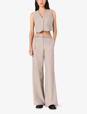 Maje Womens Light Grey Rhinestone-embellished Wide-leg Stretch-woven Trousers In Gray