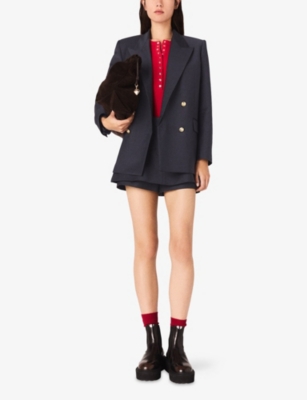 Maje Womens Navy Double-breasted Peak-lapel Stretch-woven Blazer In Blue