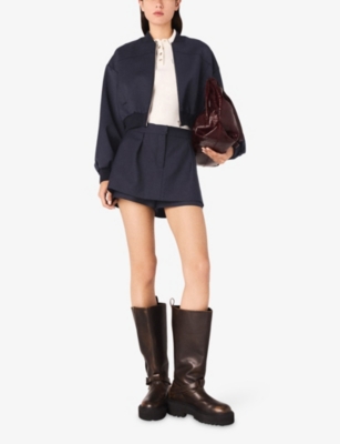Maje Womens Navy Cropped Woven Bomber Jacket In Black