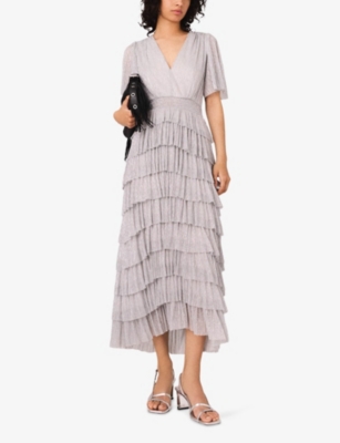 Maje Womens Ruffled V-neck Metallic-woven Maxi Dress Silver In Gray