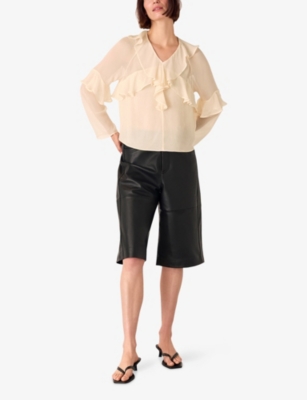 WHISTLES: Ruffle Frill V-Neck Crepe-de-Chine Blouse