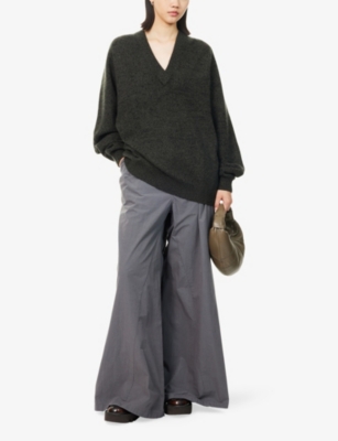 Frenckenberger Womens Black Olive Black Big V-neck Cashmere And Wool Jumper Xs In Green