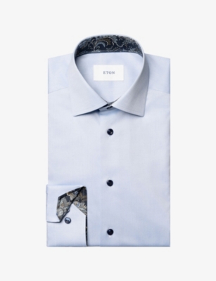 ETON: Floral-Trim Signature Contemporary-Fit Cotton-Twill Shirt