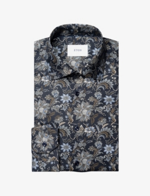 ETON: Floral-Print Signature Contemporary-Fit Cotton-Twill Shirt