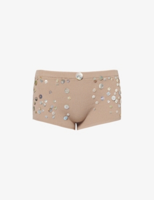 Jaded London Womens Beige Embellished Ribbed Knit Shorts In Sand