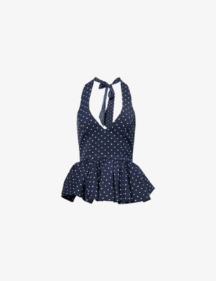 Odd Muse Womens Navy Polka Dot Polka-dot Peplum Woven Top In Blue