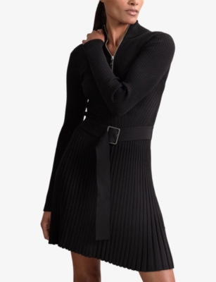 REISS: Vienna Zip-Neck Flippy-Hem Stretch-Knit Mini Dress