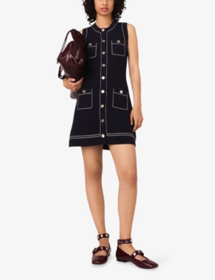 Maje Womens Navy Topstitched Patch-pocket Cotton-blend Mini Dress In Blue