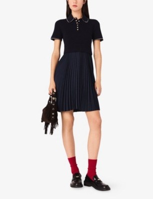 Maje Womens Navy Polo-collar Pleated Stretch-woven Mini Dress In Blue