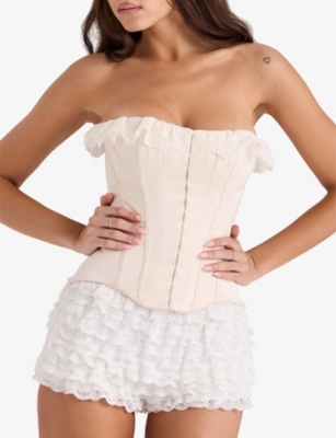 House Of Cb Of Cb Womens Cream Idella Lace-trim Stretch-satin Corset Top Xs In Neutral