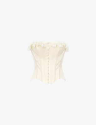 House Of Cb Of Cb Womens Cream Idella Lace-trim Stretch-satin Corset Top Xs In Neutral
