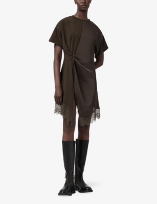 Allsaints Womens  Lana Lace-trim Woven Mini Dress In Brown