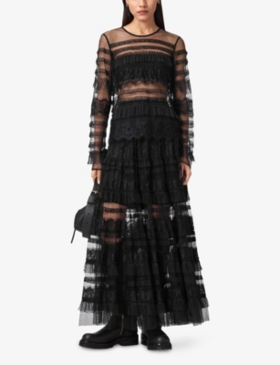 Allsaints Womens Black Arlea Lace-trim Long-sleeve Woven Top In Black
