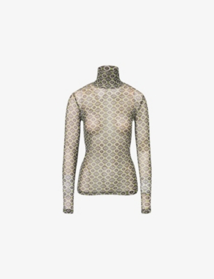 Dries Van Noten Geometric Pattern Turtleneck Long Sleeve Sweater In Green