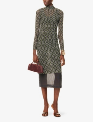 Dries Van Noten Hofes Tie Print Layered Long Sleeve Mesh Midi Dress In Green