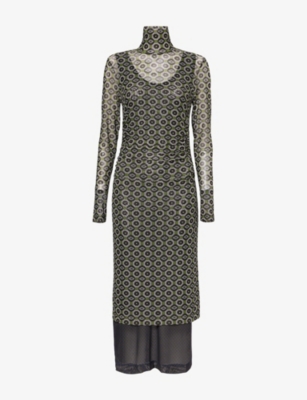 Dries Van Noten Hofes Tie Print Layered Long Sleeve Mesh Midi Dress In Green