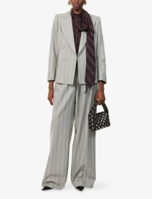 Dries Van Noten Womens Green Striped Peak-lapels Wool-blend Blazer In Gray