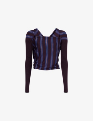 Dries Van Noten Womens Burgundy Striped Cropped Wool Top In Blue