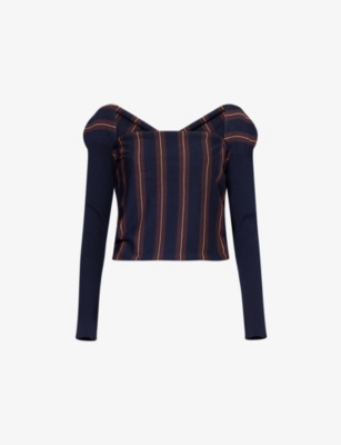Dries Van Noten Womens Navy Striped Cropped Wool Top In Blue