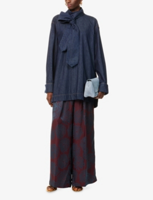 Dries Van Noten Womens Indigo Bow-embellished Relaxed-fit Denim Blouse In Blue