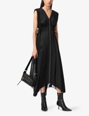 Allsaints Womens Black Amala Zip-front Sleeveless Woven Midi Dress In Black