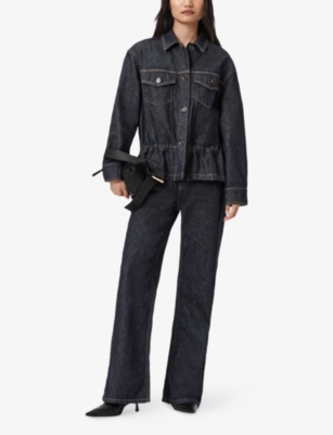 Allsaints Womens Raw Indigo Blu Denby Peplum-hem Denim Jacket In Black