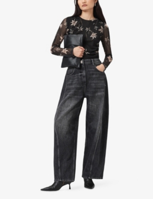 Allsaints Womens Petra Sepia Br Caia Floral-print Stretch-mesh Top In Black