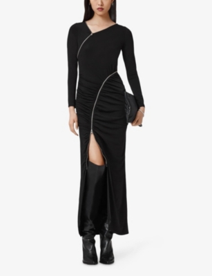 Allsaints Womens Black Elsie Zip-detail Stretch-woven Maxi Dress In Black