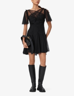 Allsaints Womens Black Madi Flutter-sleeved Woven Mini Dress In Black