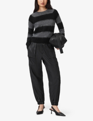 Allsaints Womens Coated Black Mila Tapered-leg Coated Denim Cargo Trousers In Black