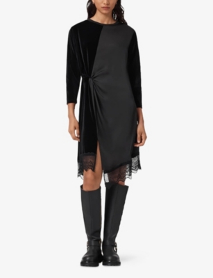 Allsaints Womens Black Lana Lace-trim Cotton-velvet Mini Dress In Black